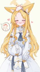 Rule 34 | 1boy, 1girl, absurdres, akizuki kawakaze, animal ear fluff, animal ears, ascot, bare shoulders, blonde hair, blue archive, blue ascot, blush, closed eyes, detached sleeves, doodle sensei (blue archive), dress, flower, forehead, fox ears, fox girl, hair flower, hair ornament, headpat, highres, open mouth, seia (blue archive), sensei (blue archive), teeth, upper teeth only, white dress, white flower
