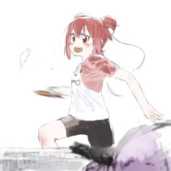 Rule 34 | 2girls, animal print, ball, bike shorts, black shorts, blurry, blurry foreground, blush, commentary request, dog print, highres, jumping, kamiya agari, knee up, looking at another, midair, motion blur, multiple girls, open mouth, out of frame, paddle, print shirt, purple hair, raglan sleeves, red eyes, red hair, red sleeves, shakunetsu no takkyuu musume, shirt, short sleeves, short twintails, shorts, simple background, solo focus, sweat, t-shirt, table tennis, table tennis ball, table tennis net, table tennis paddle, takekumo, teeth, tsumujikaze koyori, twintails, upper teeth only, white background, white shirt