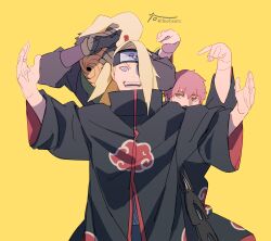 Rule 34 | 3boys, :d, akatsuki uniform, blonde hair, blue eyes, brown eyes, deidara (naruto), forehead protector, hair over one eye, highres, male focus, mask, multiple boys, naruto (series), naruto shippuuden, ninja, open mouth, ponytail, red hair, sasori (naruto), short hair, simple background, smile, tobi (naruto), uchiha obito, yellow background, zifletts
