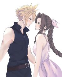 1boy 1girl aerith_gainsborough aqua_eyes bare_shoulders belt black_belt black_vest blonde_hair braid braided_ponytail breasts brown_hair choker cloud_strife couple dress earrings enju_clerith final_fantasy final_fantasy_vii final_fantasy_vii_advent_children green_eyes hair_between_eyes hair_ribbon hetero jewelry light_blush long_dress long_hair looking_at_another medium_breasts parted_bangs pink_dress pink_ribbon popped_collar ribbon ribbon_choker short_hair sidelocks single_braid single_earring sleeveless sleeveless_dress spaghetti_strap spiked_hair sundress upper_body vest waist_cape white_background