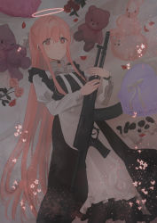 1girl aek-971 apron assault_rifle bed_sheet black_dress brown_eyes buttons chihuri choker collared_shirt cross dress ear_piercing eyes_visible_through_hair female_focus flower glowing glowing_eyes gun hair_between_eyes halo heart highres holding holding_weapon juliet_sleeves long_hair long_sleeves looking_at_viewer lying original parted_lips petals piercing pink_hair puffy_sleeves ribbon rifle rose shirt sidelocks sleeveless sleeveless_dress solo sparkle star_(symbol) stuffed_animal stuffed_cow stuffed_rabbit stuffed_toy teddy_bear very_long_hair weapon white_ribbon white_shirt wide_ponytail yana_(chihuri)