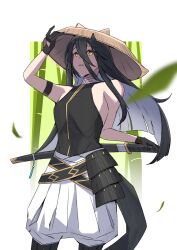 1girl arm_strap arm_up bamboo black_bodysuit black_gloves black_hair bodysuit breasts gloves hair_between_eyes hand_on_headwear hand_up hat highres horse_girl horse_tail katana leaf_print long_bangs long_hair long_hair_between_eyes manhattan_cafe_(umamusume) mitsune_(3chune) pants scabbard sheath sleeveless sleeveless_bodysuit small_breasts solo straw_hat sword tail umamusume very_long_hair weapon white_pants yellow_eyes