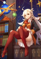 1girl ahoge ascot book braid breasts brown_eyes buttons closed_mouth clothes_pull commentary_request dress faicha fate/grand_order fate_(series) frilled_sleeves frills frown globe hair_between_eyes highres indoors long_hair long_sleeves medium_breasts olga_marie_animusphere pantyhose pantyhose_pull planet planetarium red_pantyhose side_braid single_braid sitting solo star_(symbol) very_long_hair white_hair