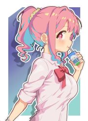 1girl :t artist_name blue_background blue_hair blush border bow bowtie breasts bright_pupils closed_mouth collared_shirt colored_sclera commentary_request drinking drinking_straw drinking_straw_in_mouth earrings eyelashes from_side gyaru hair_intakes hair_ornament hair_scrunchie hand_up highres holding holding_milk_carton jewelry large_breasts long_sleeves looking_at_viewer loose_bowtie melciort milk_carton multicolored_hair onii-chan_wa_oshimai! outline oyama_mahiro pink_hair ponytail red_bow red_bowtie red_eyes revision scrunchie shirt sidelocks simple_background sleeves_rolled_up solo stud_earrings tareme twitter_username two-tone_hair upper_body wavy_hair white_border white_outline white_shirt wing_collar yellow_sclera yellow_scrunchie
