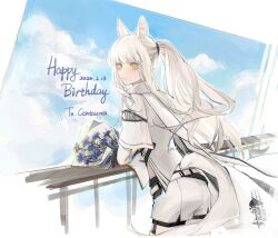 Rule 34 | 1girl, animal ear fluff, animal ears, arknights, ass, bouquet, chinese commentary, closed mouth, commentary request, cowboy shot, dated, flower, hair tie, happy birthday, hatsumi0515, highres, jacket, kingdom of kazimierz logo, leaning, leaning forward, light smile, long hair, looking at viewer, platinum (arknights), ponytail, purple flower, short shorts, shorts, solo, standing, tail, turning head, white hair, white jacket, white shorts, white tail, yellow eyes, zipper