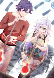 1boy 1girl ahoge black_hair blowing curtained_hair eiyuu_densetsu fie_claussell glass_blowing green_eyes hair_between_eyes highres kai_no_kiseki kuro_no_kiseki_(series) long_hair parted_bangs purple_eyes rean_schwarzer short_hair skirt smile thighhighs white_hair xiacheng_tatsuya