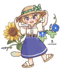 Rule 34 | 1girl, belt, blue flower, blue skirt, blush stickers, bow, brown belt, brown hat, brown sandals, collared shirt, commentary request, flower, full body, green bow, hair ornament, hairclip, hands on headwear, hat, hat bow, long skirt, looking at viewer, open mouth, original, parallel hairclips, polka dot, polka dot bow, purple eyes, sample watermark, sandals, shirt, short sleeves, signature, simple background, skirt, solo, standing, summer, sunflower, uzumaki osushi, watermark, white background, white shirt, wide sleeves, yellow flower