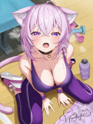1girl ahoge animal_collar animal_ear_fluff animal_ears black_collar blush bottle breasts cat_ears cat_girl cat_tail cleavage collar commentary_request crossed_bangs double-parted_bangs dumbbell from_above gym hair_between_eyes heavy_breathing highres holding holding_dumbbell hololive indoors large_breasts looking_at_viewer messy_hair nekomata_okayu open_mouth pants purple_eyes purple_hair purple_pants purple_shoes purple_sports_bra shoes short_hair sitting sneakers solo sports_bra sweat tail tearing_up torakichi_888 very_sweaty virtual_youtuber wariza water_bottle wooden_floor workout_clothes wristband yoga_pants