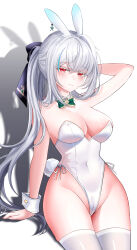 1girl absurdres animal_ears arm_behind_head arm_support arm_up bare_shoulders blue_streaks blush bow bowtie breasts cleavage collarbone colored_eyelashes commentary covered_navel detached_collar english_commentary fake_tail gold_trim green_bow green_bowtie groin hair_between_eyes hair_bow highres large_breasts len_(maplestory) leotard long_hair looking_at_viewer maplestory multicolored_hair playboy_bunny ponytail rabbit_ears rabbit_tail red_eyes side-tie_leotard sidelocks simple_background sitting solo strapless strapless_leotard streaked_hair tail thighhighs thighs unha very_long_hair white_background white_eyelashes white_hair white_leotard white_thighhighs white_wrist_cuffs wrist_cuffs