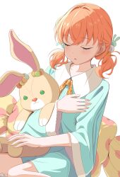 1girl absurdres blue_dress closed_eyes collarbone collared_dress commentary dress hair_bobbles hair_intakes hair_ornament highres hinoshita_kaho hinoshita_kaho_(birthday_present) link!_like!_love_live! love_live! low_twintails medium_hair morio_(mmorio_mu) official_alternate_costume orange_hair rabbit_hair_ornament simple_background sitting solo stuffed_animal stuffed_rabbit stuffed_toy symbol-only_commentary three-quarter_sleeves twintails u_u virtual_youtuber wariza white_background