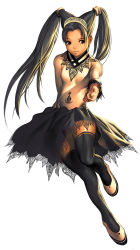 1girl bare_shoulders black_eyes black_skirt black_thighhighs braid brown_eyes closed_mouth female_focus full_body grey_hair hair_tubes headband highres kim_hyung_tae lace lace-trimmed_skirt lace_trim leg_up long_hair looking_at_viewer shoes shu_rahwinia simple_background skin_tight skirt smile softmax solo the_war_of_genesis thighhighs tiara twin_braids twintails white_background white_shoes wrist_cuffs zettai_ryouiki