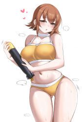 1girl absurdres bikini blush breasts brown_eyes brown_hair choker cowboy_shot gluteal_fold heart highres jiangyou_dang kantai_collection large_breasts looking_at_viewer navel official_alternate_costume open_mouth orange_bikini richard_p._leary_(kancolle) richard_p._leary_(swimsuit)_(kancolle) simple_background solo stomach swimsuit torpedo white_background white_choker