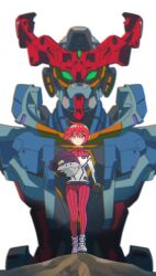 1girl amate_yuzuriha beanie black_hat blurry bodysuit depth_of_field dou_(mame_eee) full_body gquuuuuux gundam gundam_gquuuuuux haro hashtag-only_commentary hat highres holding looking_at_viewer mecha mecha_pilot_suit pom_pom_(clothes) pom_pom_beanie red_bodysuit red_hair robot short_hair white_bodysuit