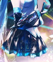aqua_hair aqua_necktie bare_shoulders black_skirt black_sleeves blurry blurry_background breasts clothes_writing commentary concert cowboy_shot detached_sleeves grey_shirt hatsune_miku highres karanagare light_particles long_hair miniskirt necktie pleated_skirt shiny_clothes shirt sideboob skirt sleeveless sleeveless_shirt standing symbol-only_commentary torso very_long_hair vocaloid