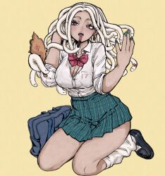 1girl absurdres bag black_shoes bow bowtie breasts cleavage dark_skin earrings full_body green_nails green_skirt gyaru highres holding holding_phone igawa20000volt jewelry kneeling large_breasts loose_socks miniskirt monster_girl original phone plaid_clothes plaid_skirt purple_eyes red_bow red_bowtie school_bag school_uniform shirt shoes sitting skirt snake_hair socks solo thick_thighs thighs white_shirt yellow_background