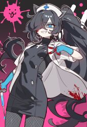 1girl absurdres animal_ears black_dress blood blood_on_clothes blood_on_face blue_eyes breasts cat_ears coat commentary dress ebora english_commentary extra_ears fishnet_pantyhose fishnets gloves grin hair_over_one_eye hat highres holding holding_syringe kasli_(nyanko_daisensou) lab_coat long_hair nurse_cap nyanko_daisensou open_clothes open_coat pantyhose pink_background ponytail rubber_gloves shaded_face short_dress short_sleeves small_breasts smile solo syringe v very_long_hair