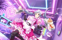 1girl alternate_costume apron bracelet breasts brown_eyes cable cafe cake cleavage clumsy cup dress earrings elbow_gloves fingerless_gloves food frilled_apron frills gloves grey_hair heart idolmaster idolmaster_cinderella_girls idolmaster_cinderella_girls_starlight_stage indoors jewelry lamp long_hair maid maid_apron maid_headdress medium_breasts official_art puffy_short_sleeves puffy_sleeves ribbon saucer short_sleeves sidelocks solo spill strawberry_shortcake takamine_noa teacup teapot thighhighs tray tripping twintails unconventional_maid waist_apron white_apron zettai_ryouiki