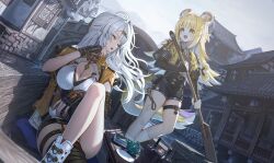 2girls absurdres animal_ears black_gloves black_thighhighs blonde_hair breasts cleavage gloves green_eyes highres ju_fufu long_hair midori_matsukaze multiple_girls one_eye_closed open_mouth outdoors shoes single_thighhigh socks thighhighs tiger_ears tiger_girl white_shoes white_socks yixuan_(zenless_zone_zero) zenless_zone_zero