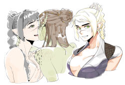 2girls baldur&#039;s_gate baldur&#039;s_gate_3 black_hair black_shirt blush braid breasts brown_hair claws cleavage colored_skin commentary_request dual_persona dungeons_&amp;_dragons dungeons_&amp;_dragons ear_blush elf gith_(d&amp;d) green_eyes green_skin hair_bun hand_on_another&#039;s_neck highres kiss korean_commentary l_maria_427 lae&#039;zel large_breasts looking_at_viewer multiple_girls nude open_mouth parted_lips pointy_ears scar scar_on_face shadowheart_(baldur&#039;s_gate) shirt shoulder_blush simple_background single_braid smile white_background white_hair yuri