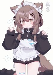 1girl absurdres ahoge animal_ear_fluff animal_ears apron ayanamiiii bandaid bandaid_on_knee bandaid_on_leg black_jacket black_shorts black_socks blush brown_eyes brown_hair closed_mouth fang hair_ornament hairclip highres jacket kneeling leg_warmers long_hair long_sleeves looking_at_viewer mafuyu_(vrchat) maid maid_apron maid_headdress name_tag short_hair_with_long_locks shorts sidelocks simple_background sleeves_past_wrists smile socks solo tail track_jacket unconventional_maid vrchat white_apron white_background wolf_ears wolf_girl wolf_tail zipper zipper_pull_tab