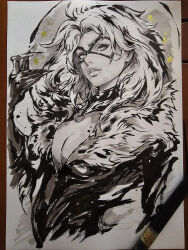 1girl black_cat_(marvel) breasts cleavage eye_mask felicia_hardy greyscale highres marvel medium_breasts medium_hair monochrome muju photo_(medium) solo traditional_media upper_body