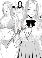 1boy 1girl :&gt; bare_shoulders blush bow bowtie bra breast_pocket breasts character_name cleavage collared_shirt dress_shirt forehead furrowed_brow goshiki_suzu greyscale height height_difference konishiya_shiyori_(goshiki_suzu) lace lace-trimmed_bra lace-trimmed_panties lace_trim large_breasts long_hair looking_to_the_side monochrome navel necktie ooka-senpai_(goshiki_suzu) original panties parted_bangs pleated_skirt pocket school_uniform shirt short_hair skirt spot_color stomach underwear underwear_only