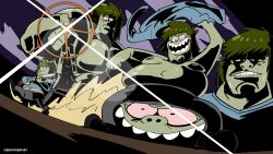 1boy arm_up black_pants blue_shirt clenched_teeth closed_mouth deputy_rust fat green_hair gun hands_up highres holding holding_gun holding_weapon jujutsu_kaisen mullet multiple_views muscle_man_(regular_show) muscular muscular_male navel nipples open_mouth outie_navel pants parted_lips patreon_username pump_action regular_show shirt short_hair shotgun smile teeth unworn_shirt weapon
