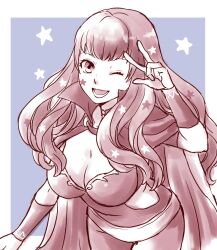 1girl bodysuit breasts cleavage clothing_cutout facial_mark fire_emblem fire_emblem_engage hair_ornament highres large_breasts nintendo open_mouth purple_bodysuit side_cutout star_(symbol) star_facial_mark star_hair_ornament two-tone_cape usachu_now w yunaka_(fire_emblem)