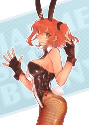 Rule 34 | 1girl, 8825wh, animal ears, black leotard, black scrunchie, breasts, detached collar, fake animal ears, fake tail, fate/grand order, fate (series), fingerless gloves, fishnet pantyhose, fishnets, fujimaru ritsuka (female), gloves, hair ornament, hair scrunchie, highleg, highleg leotard, highres, leotard, one side up, orange eyes, orange hair, pantyhose, playboy bunny, rabbit ears, rabbit tail, scrunchie, short hair, side ponytail, strapless, strapless leotard, tail