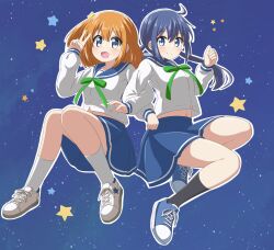 2girls absurdres black_socks blue_eyes blue_hair blue_sailor_collar blue_skirt closed_mouth convenient_censoring dot_nose female_focus full_body hair_between_eyes hair_ornament highres koisuru_asteroid konohata_mira long_hair long_sleeves looking_at_viewer manaka_ao multicolored_eyes multiple_girls nanog_eb1994 navel night night_sky open_mouth orange_hair outdoors sailor_collar school_uniform serafuku shirt shoes short_hair sitting skirt sky smile socks star_(sky) star_(symbol) star_hair_ornament v white_shirt white_socks