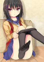 1girl black_hair blush brown_eyes clothes_pull expressionless feet female_focus hair_ornament highres kurokami_(kurokaminohito) legs_up original pantyhose pantyhose_pull partially_undressed school_uniform skirt soles solo sweater thighs upskirt x_hair_ornament
