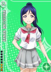Rule 34 | 1girl, anime coloring, arm behind back, blue hair, blush, card (medium), collarbone, cowboy shot, green background, grey sailor collar, grey skirt, grin, long hair, looking at viewer, love live!, love live! school idol festival, love live! sunshine!!, matsuura kanan, miniskirt, neckerchief, official art, open hand, pleated skirt, ponytail, purple eyes, red neckerchief, sailor collar, school uniform, serafuku, shirt, short sleeves, skirt, smile, solo, standing, star (symbol), straight-on, summer uniform, tareme, teeth, tie clip, uranohoshi school uniform, white shirt