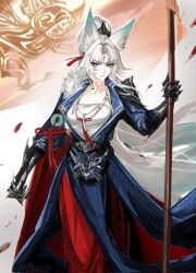 1girl alternate_costume animal_ear_fluff animal_ears aqua_eyes aqua_hair armor blue_coat breasts closed_mouth coat collarbone earrings feixiao_(honkai:_star_rail) floating_hair forehead_jewel fox_ears fox_girl fur-trimmed_coat fur_trim gauntlets gradient_hair hair_between_eyes hair_ornament hand_up high_ponytail highres holding holding_weapon honkai:_star_rail honkai_(series) jewelry lapels large_breasts long_hair long_sleeves looking_at_viewer multicolored_hair necklace parted_bangs ponytail puffy_long_sleeves puffy_sleeves red_ribbon red_skirt ribbon shirt shoulder_armor sidelocks single_earring skirt solo standing tassel tassel_earrings v-shaped_eyebrows weapon white_hair white_shirt yziyiling