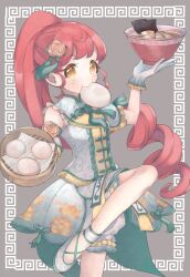 1girl arm_up bad_id bad_twitter_id bamboo_steamer steamed_bun bloomers bowl chinese_clothes commentary_request cowboy_shot dress floral_print flower food gloves grey_background hair_flower hair_ornament hand_up highres holding holding_bowl inactive_account leg_up long_hair looking_at_viewer mouth_hold noodles ponytail pretty_series pripara ramen red_hair shiratama_mikan shiyurinpu shoes sidelocks solo standing standing_on_one_leg tassel underwear very_long_hair white_gloves yellow_eyes