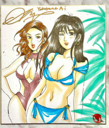 1girl 2girls artist_request bikini blue_bikini breasts brown_eyes brown_hair cleavage earrings initial_d jewelry large_breasts lips lipstick long_hair makeup medium_breasts multiple_girls one-piece_swimsuit one_eye_closed red_bikini satou_mako sayuki_(initial_d) solo swimsuit