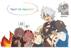 Rule 34 | 1girl, 3boys, anger vein, animal, animal ears, animalization, aqua hair, black gloves, black hood, caelus (honkai: star rail), cat ears, cipher (honkai: star rail), coat, commentary, english commentary, english text, fingerless gloves, flame reaver of the deepest dark, gloves, grey hair, highres, holding, holding animal, honkai: star rail, honkai (series), hyacine (honkai: star rail), little ica (honkai: star rail), multiple boys, netoii, phainon (honkai: star rail), pink hair, shirt, simple background, speech bubble, trailblazer (honkai: star rail), twintails, white background, white coat, white hair