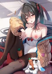 1girl :p absurdres animal_ears black_hair black_pantyhose blurry blurry_background blush breasts carrot cleavage coat collarbone commentary_request hair_between_eyes hair_ribbon high_heels highres knee_up leotard liya long_sleeves looking_at_viewer medium_breasts nipples orange_coat original pantyhose playboy_bunny rabbit rabbit_ears red_eyes red_footwear ribbon sidelocks sitting tile_floor tiles tongue tongue_out white_leotard