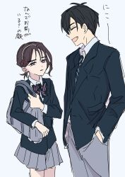 Rule 34 | 1boy, 1girl, alien stage, bag, black bow, black bowtie, black hair, black jacket, black necktie, blazer, bow, bowtie, closed eyes, collared shirt, commentary, diagonal-striped bow, diagonal-striped bowtie, diagonal-striped clothes, diagonal-striped necktie, fang, grey bag, grey pants, grey skirt, hairband, hand in pocket, highres, ivan (alien stage), jacket, low ponytail, necktie, official alternate costume, pants, ponytail, purple eyes, school uniform, shirt, short hair, shoulder bag, skirt, striped clothes, sua (alien stage), translation request, very short hair, viga uzk, white hairband, white shirt