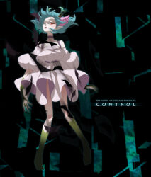 1girl belt blue_hair c_(control) choker colored_extremities copyright_name dress floating full_body horns looking_at_viewer magosuke one_eye_closed pointy_ears puffy_sleeves purple_belt purple_choker q_(control) red_eyes short_hair solo white_dress
