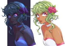 1girl aegyo_sal arms_at_sides bare_shoulders blankcharti breasts choker cleavage closed_mouth collarbone commentary dark-skinned_female dark_skin elbow_gloves english_commentary flower gloves glowing glowing_eyes green_hair hair_between_eyes hair_flower hair_ornament leaf lips looking_at_viewer medium_breasts miss_lady_rose multiple_views pink_eyes pink_flower pink_rose pink_trim roblox rose royale_high shirt short_hair_with_long_locks simple_background strapless strapless_shirt white_background white_choker white_gloves white_shirt