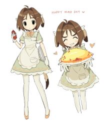 Rule 34 | 1girl, ahoge, animal ears, apron, brown eyes, brown hair, closed eyes, commentary, dog ears, dog girl, dog tail, english commentary, english text, food, frilled apron, frills, full body, hair intakes, heart, highres, holding, holding food, indie virtual youtuber, ketchup, ketchup bottle, maid, maid apron, mole, mole under eye, mota (motaberrie), motaberrie (vtuber), multiple views, plate, ribbon, short hair, short sleeves, smile, tail, white apron, white background