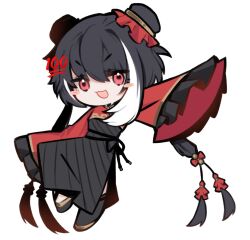 1girl :d black_dress black_hair black_shorts blush_stickers chinese_clothes deformed double_bun dress full_body hair_bun highres jia_xichun_(project_moon) limbus_company long_hair long_sleeves looking_at_viewer multicolored_hair open_mouth pink_eyes project_moon red_shrug red_sleeves rope_belt shorts side_slit simple_background smile solo standing streaked_hair twintails white_background zeremi0102