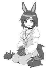 1girl animal_ears black_choker bodysuit breasts choker crystal dede_(qwea_00000) final_fantasy final_fantasy_ix full_body garnet_til_alexandros_xvii gloves greyscale jewelry juliet_sleeves kemonomimi_mode kneeling long_sleeves looking_at_viewer medium_breasts monochrome parted_lips pendant petting puffy_long_sleeves puffy_sleeves rabbit rabbit_ears rabbit_girl short_hair sketch smile swept_bangs white_background