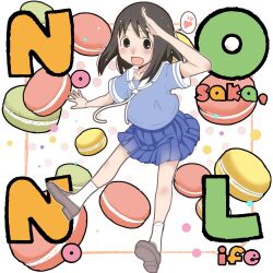 1girl :d azumanga_daioh&#039;s_school_uniform azumanga_daiou blue_serafuku blue_shirt blue_skirt blush border breasts brown_eyes brown_hair brown_shoes character_name collarbone commentary cookie english_text food full_body hand_up heart initial jumping kasuga_ayumu loafers looking_at_viewer looking_to_the_side loose_hair_strand macaron medium_hair neck_ribbon niea nose_blush notice_lines open_mouth orange_border outstretched_arm pleated_skirt polka_dot polka_dot_background ribbon sailor_collar salute school_uniform serafuku shirt shoes short_sleeves skirt small_breasts smile socks solo speech_bubble spoken_heart summer_uniform white_background white_ribbon white_sailor_collar white_socks white_trim