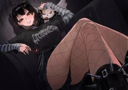 1girl =_hair_ornament abby_(wuthering_waves) absurdres black_hair black_lips black_nails black_shirt black_skirt breasts candy choker clothes_writing colored_inner_hair commentary crossed_legs ear_piercing english_commentary female_rover_(wuthering_waves) fingernails fishnet_pantyhose fishnets food goth_fashion grey_hair hand_up highres holding holding_candy holding_food holding_lollipop horizontal-striped_sleeves large_breasts leppib lollipop looking_at_viewer multicolored_hair nail_polish pantyhose piercing rover_(wuthering_waves) shirt sitting skirt smile solo spiked_choker spikes tacet_mark_(wuthering_waves) thighs white_shirt wuthering_waves yellow_eyes