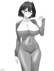 1girl absurdres breasts dongtan_dress greyscale highres hololive hololive_english igiroitsu large_breasts meme_attire monochrome navel ouro_kronii sketch virtual_youtuber