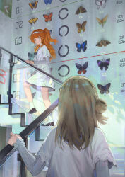 2girls absurdres aged_down black_butterfly blue_butterfly brown_butterfly bug butterfly closed_mouth commentary ddal dress green_eyes grey_hair hair_bun hairband hand_on_railing highres indoors insect insect_collection layered_sleeves long_hair long_sleeves multiple_girls orange_butterfly orange_hair purple_butterfly railing reverse:1999 short_over_long_sleeves short_sleeves single_side_bun sonetto_(reverse:1999) stairs two_side_up vertin_(reverse:1999) white_butterfly white_dress white_footwear white_hairband yellow_butterfly