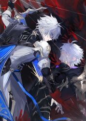 2boys angry antenna_hair armor black_gloves black_shirt blood blood_from_mouth blue_cape cape coat commentary cracked_skin dual_persona english_commentary fingerless_gloves flame_reaver_of_the_deepest_dark gloves highres hmayme4238 holding holding_sword holding_weapon honkai:_star_rail honkai_(series) hood hood_down looking_at_another male_focus multiple_boys pauldrons phainon_(honkai:_star_rail) shirt short_hair shoulder_armor side_cape single_glove single_pauldron sword weapon white_coat white_hair yellow_blood