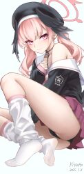 1girl absurdres bare_shoulders black_hat black_panties black_wings blue_archive blush breasts feathered_wings feet halo hat head_wings highres kiratto777 koharu_(blue_archive) loli long_hair long_sleeves looking_at_viewer loose_socks low_wings neckerchief off_shoulder panties pink_eyes pink_hair pink_halo pink_neckerchief red_halo see-through_clothes see-through_socks simple_background skirt socks solo thighs toes twintails underwear white_background winged_halo winged_hat wings