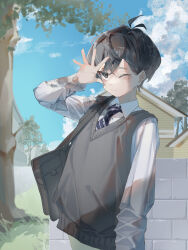 Rule 34 | 1boy, absurdres, alternate costume, antenna hair, arm up, black eyes, black hair, black sweater vest, blue sky, closed mouth, cloud, collared shirt, day, highres, house, long sleeves, male focus, necktie, omori, one eye closed, outdoors, rui 60, shirt, sky, solo, striped necktie, sunny (omori), sweater vest, tree, white shirt